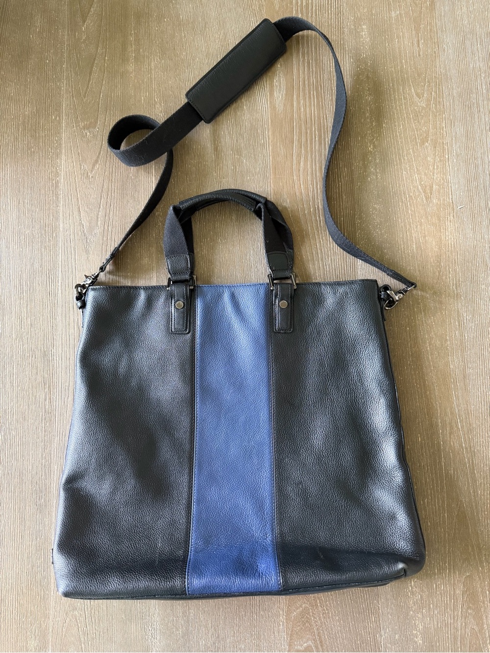 Black and Blue Leather Messenger/Tote Bag with Detachable Strap